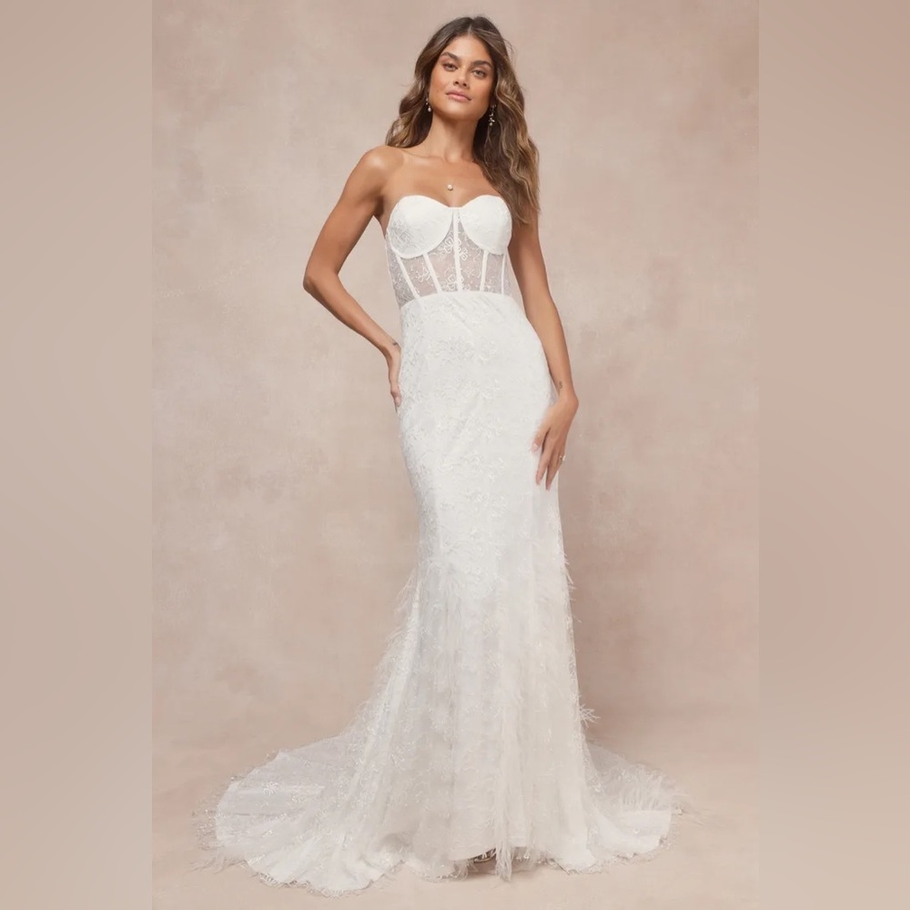 Ravishing Romance White Embroidered Feather Bustier Maxi Dress